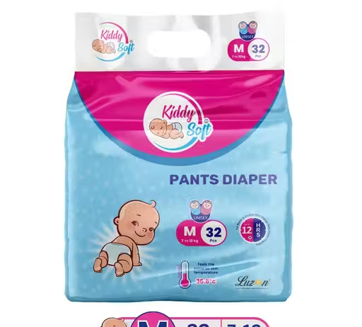 KiddySoft Baby Diaper Pants with Snug Fit, Ultra Soft Cottony Feel, Fast Absorption, and Anti-Leak Protection for All-Day Dryness | M | 7–12 kg | 32 Count