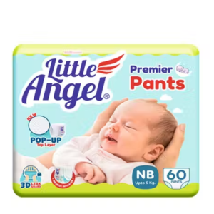 Little Angel Premier Pants Baby Diapers, New Born (NB/XS) Size, 60 Count with Wetness Indicator, upto 5 Kg