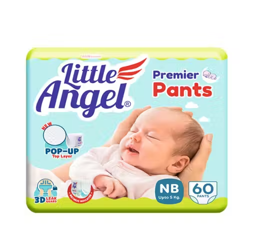 Little Angel Premier Pants Baby Diapers, New Born (NB/XS) Size, 60 Count with Wetness Indicator, upto 5 Kg