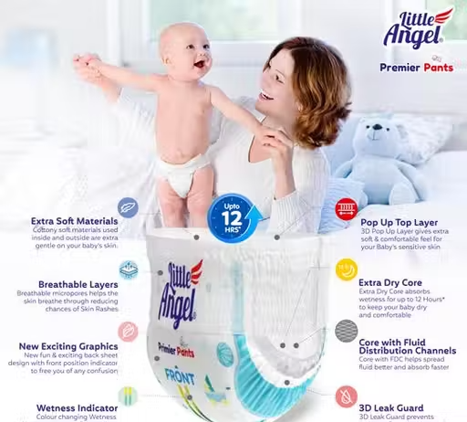 Little Angel Premier Pants Baby Diapers, New Born (NB/XS) Size, 60 Count with Wetness Indicator, upto 5 Kg - Image 3