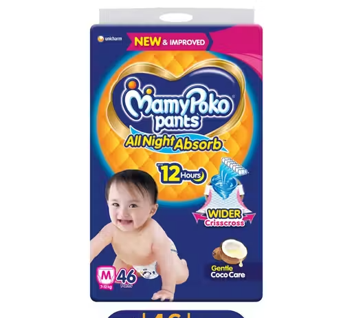 MamyPoko Pants All Night Absorb Baby Diapers with Gentle Coco Care | Medium (M) | 46 Count - (7-12 kg)