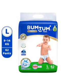 Bumtum Baby Diaper Pants with Double Leakage Protection - 9 to 14 Kg (62 Count, Large, Pack of 1)