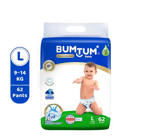 Bumtum Baby Diaper Pants with Double Leakage Protection - 9 to 14 Kg (62 Count, Large, Pack of 1)