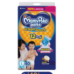 MamyPoko Pants All Night Absorb Baby Diapers with Gentle Coco Care | Large (L) | 40 Count - (9-14 kg)