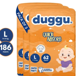 Duggu Ultra Soft and Gentle Baby Diaper Pants | Unisex | Up to 10 Hours Absorption | Super Dryness | leak Protection | 9-14 kg | Large | Pack of 3 - (186 Pieces)