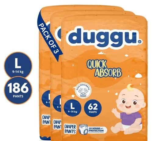 Duggu Ultra Soft and Gentle Baby Diaper Pants | Unisex | Up to 10 Hours Absorption | Super Dryness | leak Protection | 9-14 kg | Large | Pack of 3 - (186 Pieces)