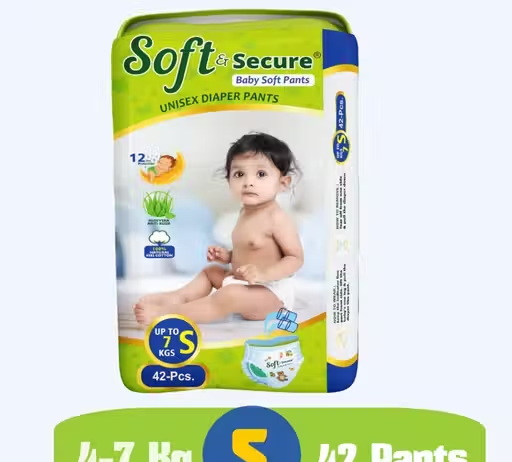 Soft & Secure Baby Soft Pants with 12 hrs absorption Small Size, 4-7 Kgs - S (42 Pieces)