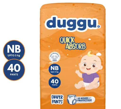 Duggu Ultra Soft and Gentle Baby Diaper Pants | Unisex | Up to 10 Hours Absorption | Super Dryness | leak Protection | 0-4 kg | NewBorn | Pack of 1 - (40 Pieces)