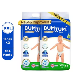 Bumtum Baby Diaper Pants, XXL Size, 104 Count, Double Layer Leakage Protection Infused With Aloe Vera, Cottony Soft High Absorb Technology (Pack of 2)