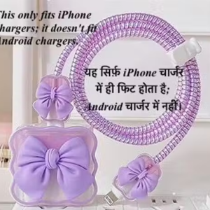 3D Cute Bow Pattern for i Phone Charger only 18W & 20W, Data Line Wire Saver Charging Cable Charger Protective Cable,Full Protection Cover 5 in 1- Purple-Bow