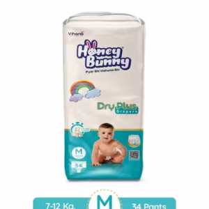 Honey Bunny Everyday Baby Pants Diapers with Wetness Indicator, Silky Soft - Bubble sheet, Medium - (7-14 kgs) Pack of 34 pcs