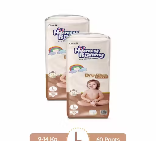 Honey Bunny Everyday Baby Pants Diapers with Wetness Indicator, Silky Soft - Bubble sheet, Large -(30 pcs) ( Pack of 2 ) - L (60 pcs)