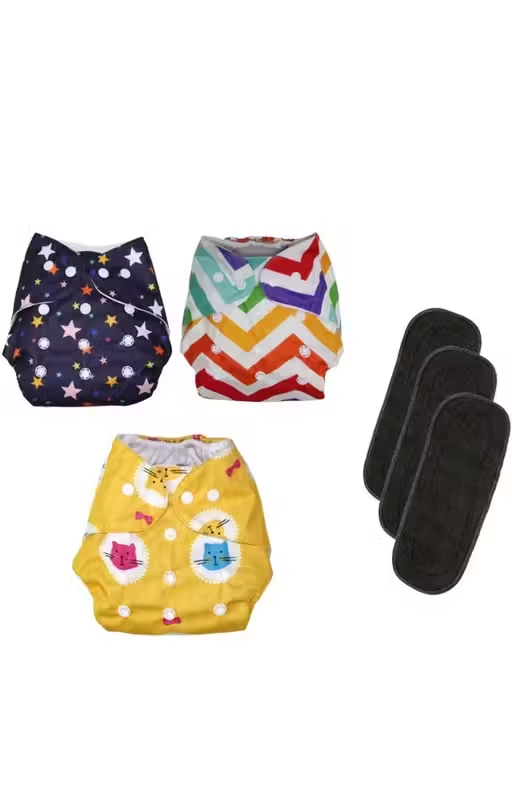 Kogar All New Stylish printed Star Zigzag Cat Diaper With Black Insert for Baby New Born To 2 Year (3 Diaper +3 insert ) Gar-04