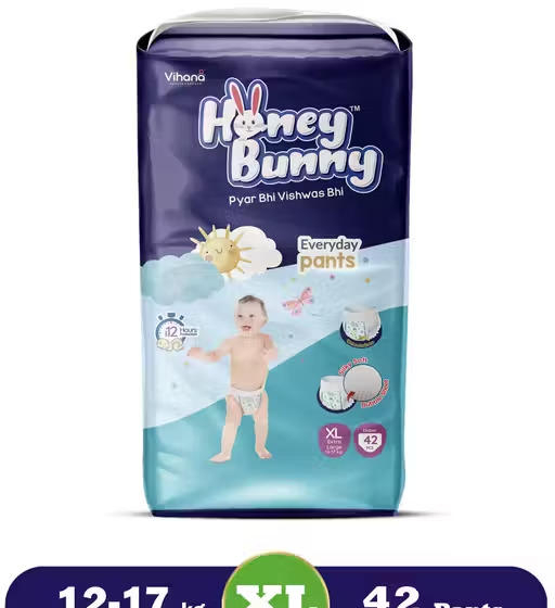 Honey Bunny Everyday Baby Pants Diapers with Wetness Indicator, Silky Soft - Bubble sheet, Extra Large -(12-17 kgs) pack of 42 pcs