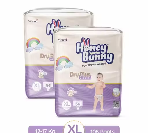 Honey Bunny Baby Diaper Pants Super Soft Dry Plus 12 Hour protection Extra Large - (54 pcs) ( Pack of 2 ) - XL (108 pcs)