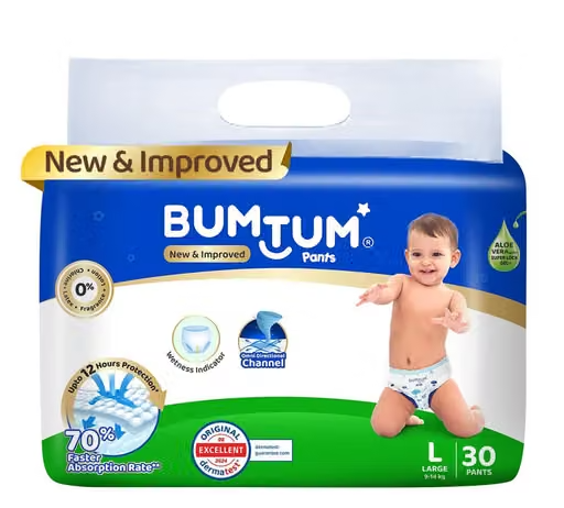 Bumtum Baby Diaper Pants, Large Size 30 Count, Double Layer Leakage Protection Infused With Aloe Vera, Cottony Soft High Absorb Technology (Pack of 1)
