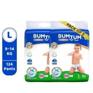 Bumtum Baby Diaper Pants with Double Leakage Protection - 9 to 14 Kg (124 Count, Large, Pack of 2)