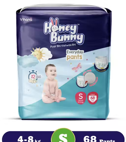 Honey Bunny Everyday Baby Pants Diapers with Wetness Indicator, Silky Soft - Bubble sheet, Small -(4-8 kgs) pack of 68 pcs