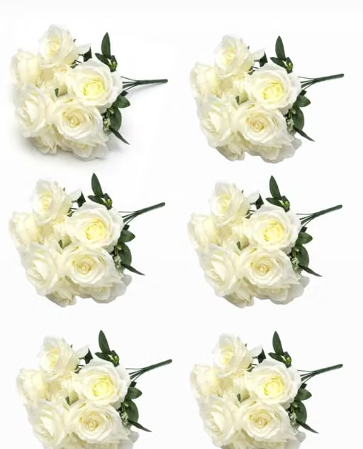 Artificial Flower 5 Head White Rose Decorative Bunch for Table Top Pack of 6