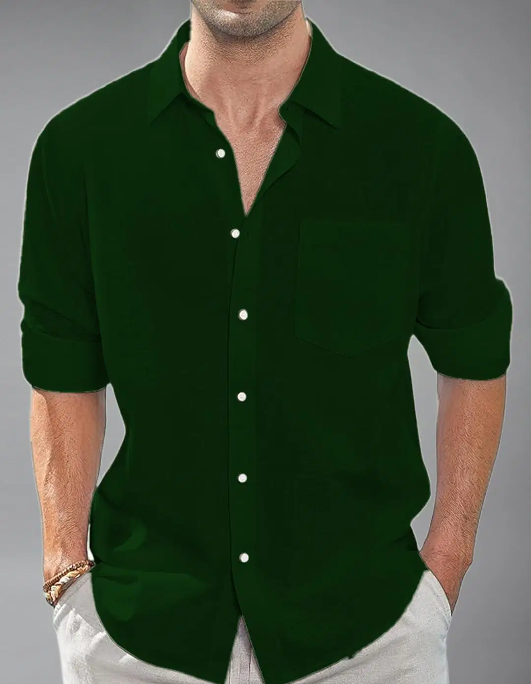 Cotton Blend Slim Fit Solids Full Sleeves Men's Casual Shirt - Green ( Pack of 1 ) - Image 3