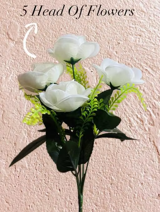 Artificial Flower 5 Head White Rose Decorative Bunch for Table Top Pack of 6 - Image 4
