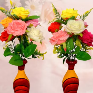 Multi Color Rose Flowers With Wooden Surahi Guldasta For Home/Office/Garden Decor Artificial Flowers.