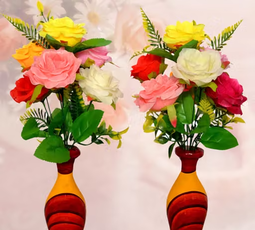 Multi Color Rose Flowers With Wooden Surahi Guldasta For Home/Office/Garden Decor Artificial Flowers.