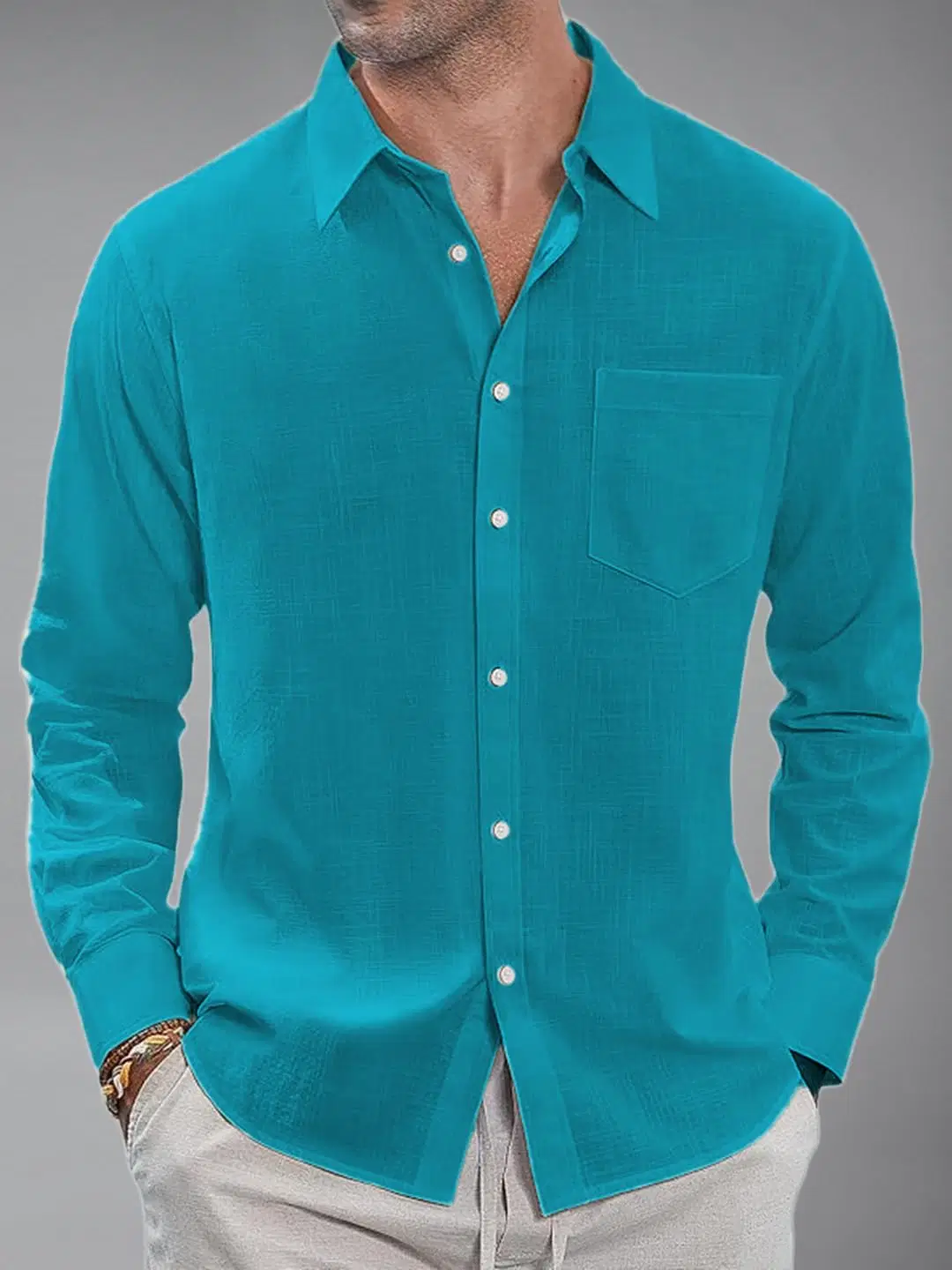 Vida Loca Cotton Blend Slim Fit Solids Full Sleeves Men's Casual Shirt - Turquoise ( Pack of 1 )