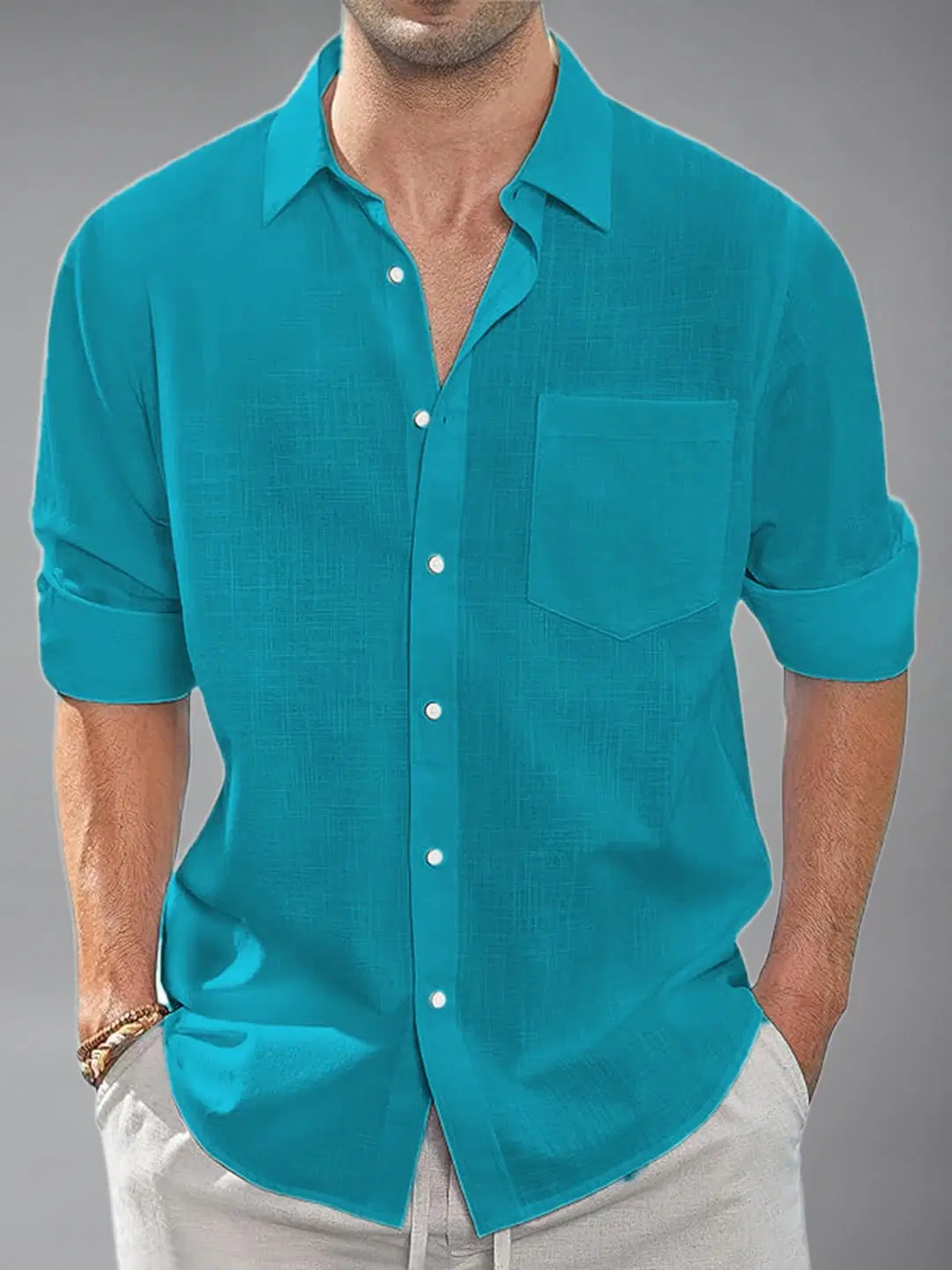 Vida Loca Cotton Blend Slim Fit Solids Full Sleeves Men's Casual Shirt - Turquoise ( Pack of 1 ) - Image 3