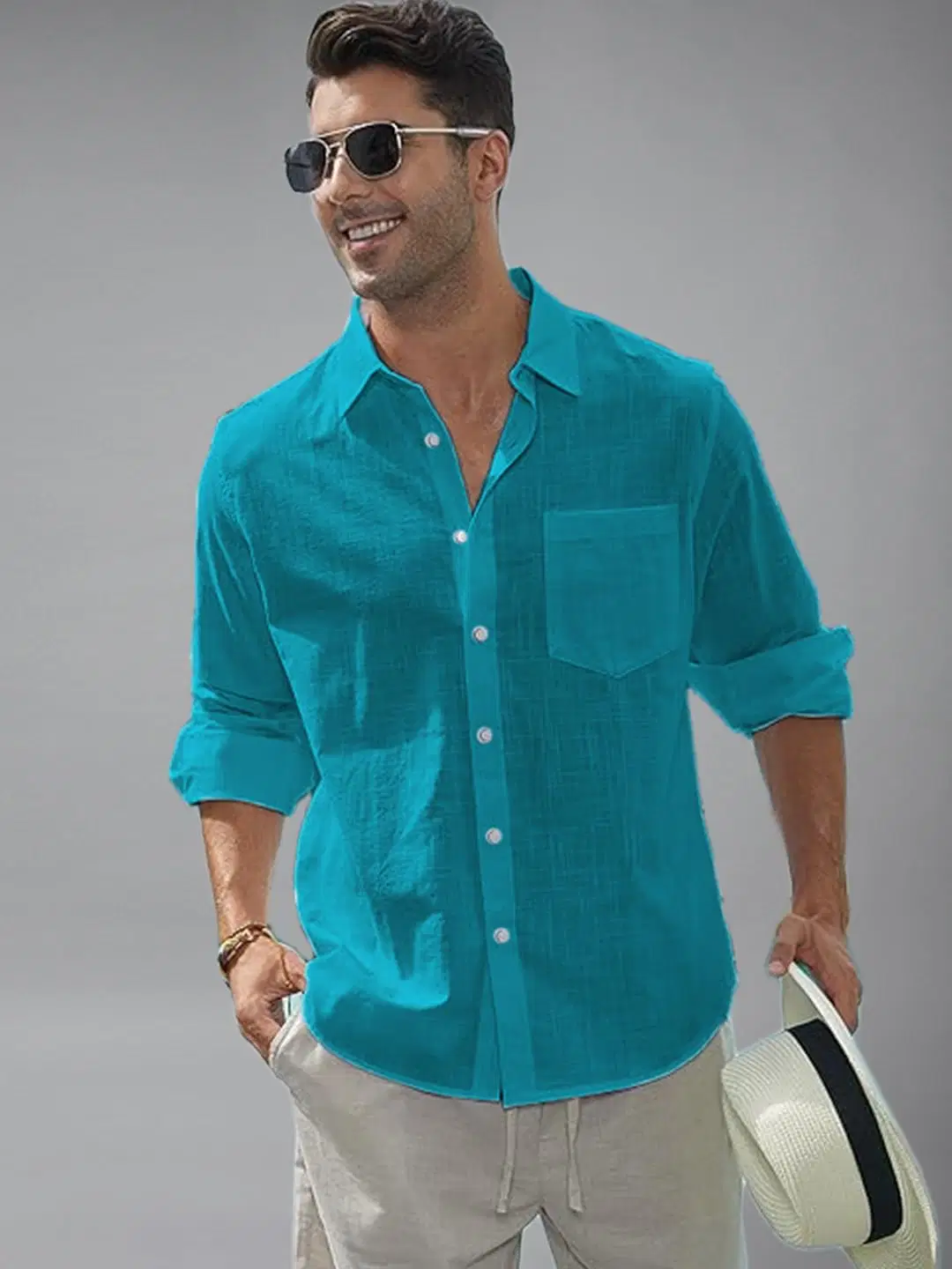 Vida Loca Cotton Blend Slim Fit Solids Full Sleeves Men's Casual Shirt - Turquoise ( Pack of 1 ) - Image 4