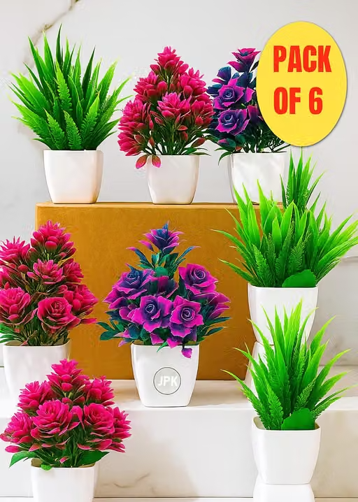 EVERBLOOM" Set of 6 Artificial Flower Plants for Home and Office Decor - Bonsai, Wild Plants, & Flower Arrangements with Pots - Perfect for Table & Bedroom Decoration, Big Size Artificial Flower Plant (19Cm> 8 inch / Pack of 6)