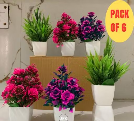 EVERBLOOM" Set of 6 Artificial Flower Plants for Home and Office Decor - Bonsai, Wild Plants, & Flower Arrangements with Pots - Perfect for Table & Bedroom Decoration, Big Size Artificial Flower Plant (19Cm> 8 inch / Pack of 6) - Image 3