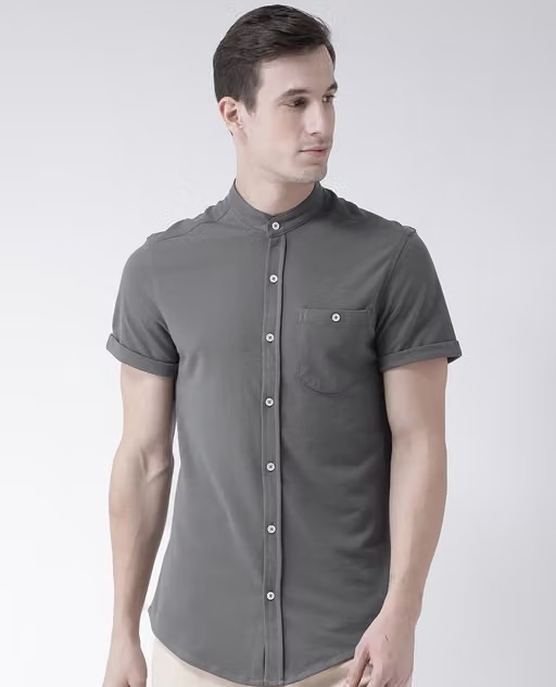 Club York Men's Grey Solid Mandarin Collar Half Sleeve Knitted Shirt Has Chest Pocket