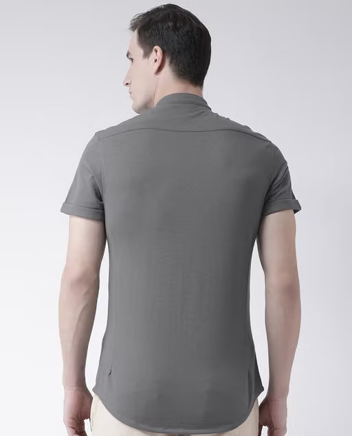 Club York Men's Grey Solid Mandarin Collar Half Sleeve Knitted Shirt Has Chest Pocket - Image 2