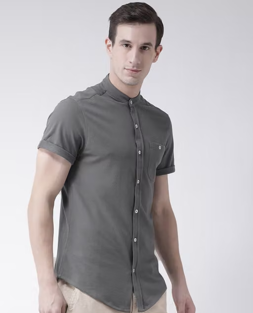 Club York Men's Grey Solid Mandarin Collar Half Sleeve Knitted Shirt Has Chest Pocket - Image 3