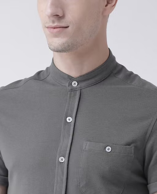 Club York Men's Grey Solid Mandarin Collar Half Sleeve Knitted Shirt Has Chest Pocket - Image 4