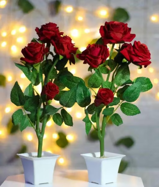 Zonezer Artificial Flower Pots/Faux Plants Plants with Pot Red Rose Pots Set of 2 Studio Plants for Home Decor, Living Room, Balcony , Artificial red rose