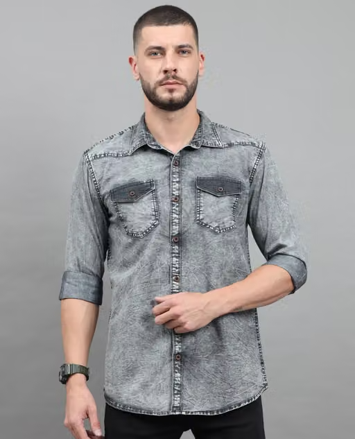 Men Black Faded Full Sleeve Cut Away Collar Denim Shirt