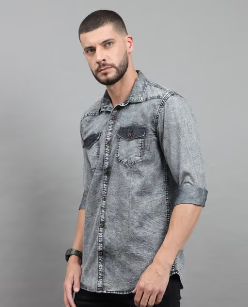 Men Black Faded Full Sleeve Cut Away Collar Denim Shirt - Image 2