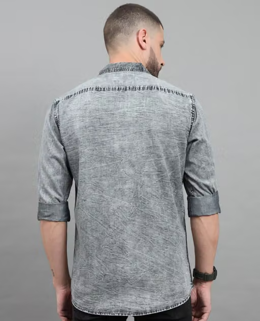 Men Black Faded Full Sleeve Cut Away Collar Denim Shirt - Image 3