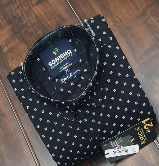 Men's Casual Party Wear Solid Printed Full Sleeves Premium Fancy Printed Cotton Shirt (Black)