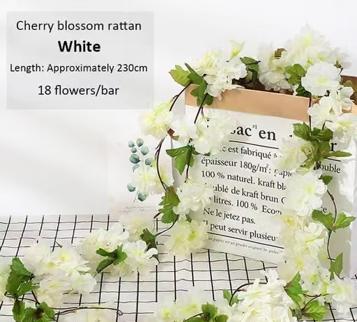SATYAM KRAFT 2 Lines Artificial Cherry Blossom Rattan Flowers Wall Hanging Decorative Vine String Lines Items For Home Decor, Ganpati Decoration, Gifting, Wedding, Mandap, Backdrop, Decoration, Festival, Office, Bedroom,Toran, Balcony, Living Room,Art and Craft DIY (230 cm) (White) (Pack of 2)