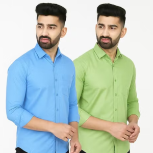 Youth First Men's Solid Spread Collar Aqua Blue Shirts Pack 2