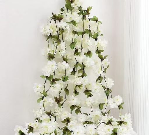 SATYAM KRAFT 2 Lines Artificial Cherry Blossom Rattan Flowers Wall Hanging Decorative Vine String Lines Items For Home Decor, Ganpati Decoration, Gifting, Wedding, Mandap, Backdrop, Decoration, Festival, Office, Bedroom,Toran, Balcony, Living Room,Art and Craft DIY (230 cm) (White) (Pack of 2) - Image 3