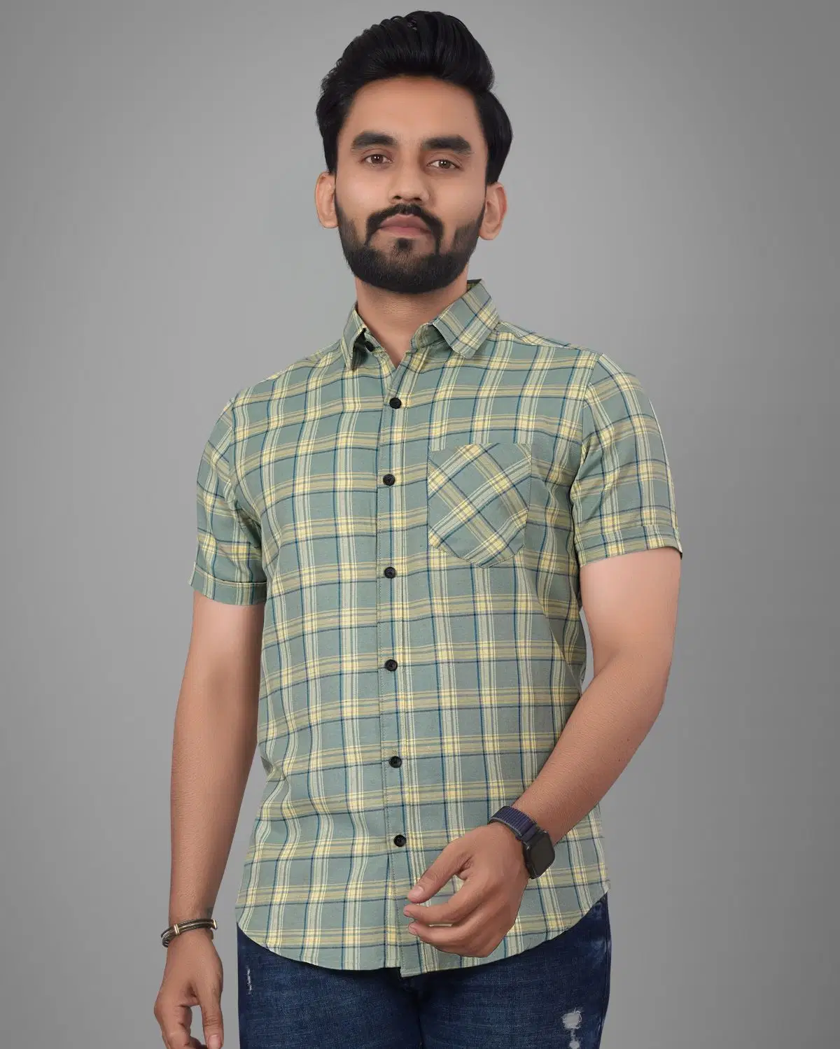 Cotton Blend Regular Fit Checks Half Sleeves Men's Casual Shirt - Green ( Pack of 1 )
