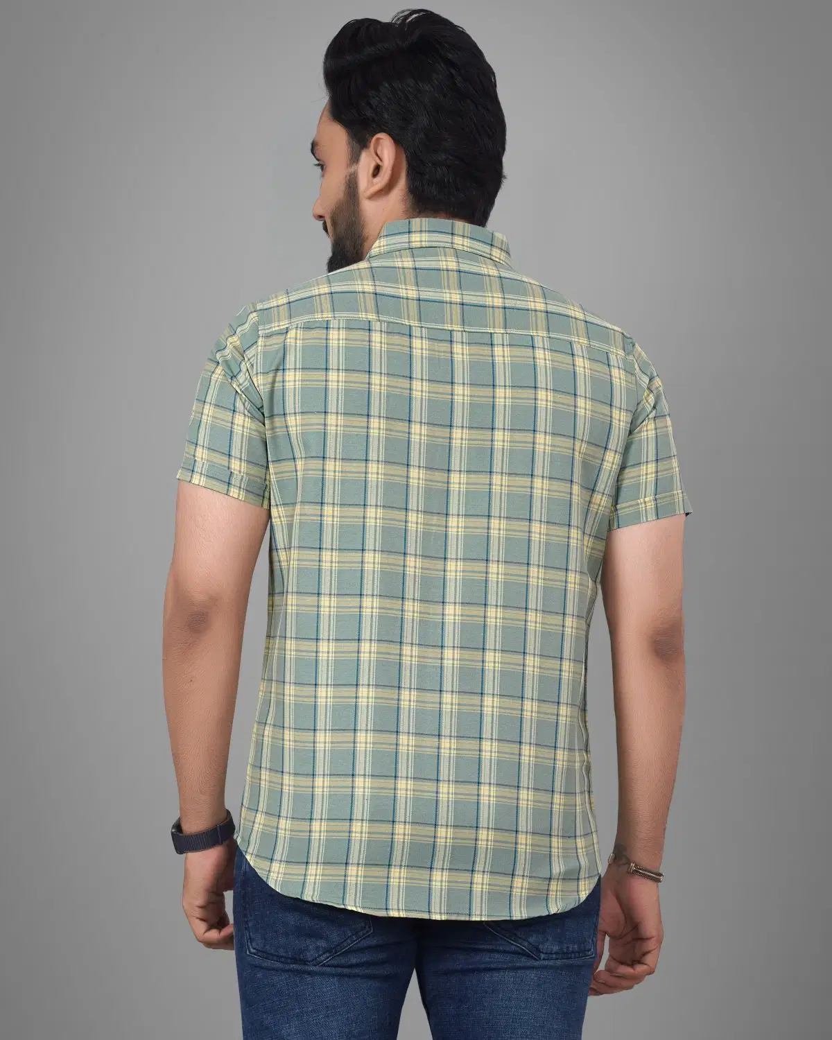 Cotton Blend Regular Fit Checks Half Sleeves Men's Casual Shirt - Green ( Pack of 1 ) - Image 3