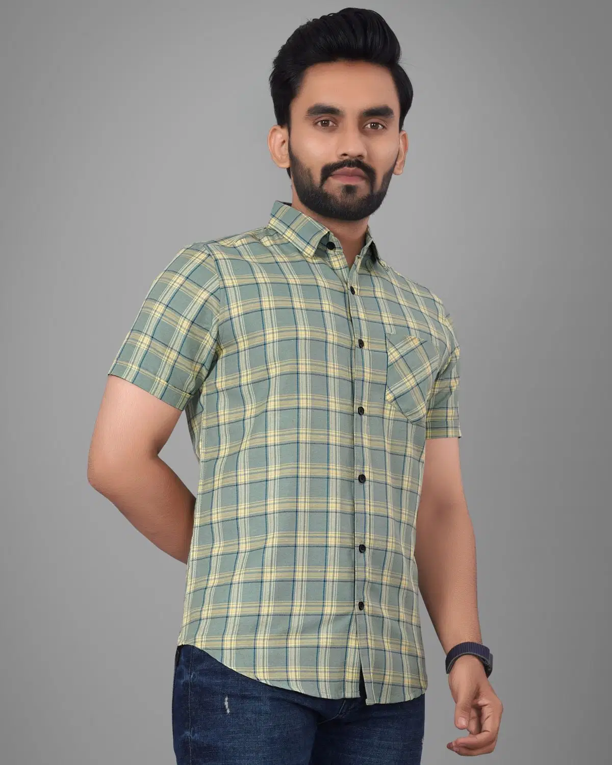 Cotton Blend Regular Fit Checks Half Sleeves Men's Casual Shirt - Green ( Pack of 1 ) - Image 4