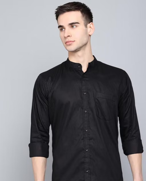 Johny hills chinese collar Black shirt men casual Regular cotton