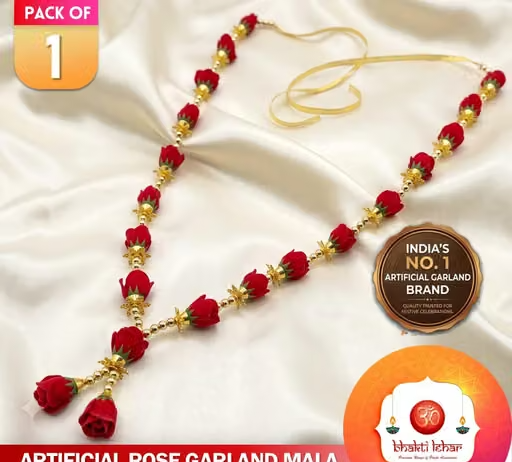 Bhakti Lehar ( 24 Inch ) Red Rose Artificial Pearl Garland for Photo Frame | Gulab Mala for God Idol - Pack of 1