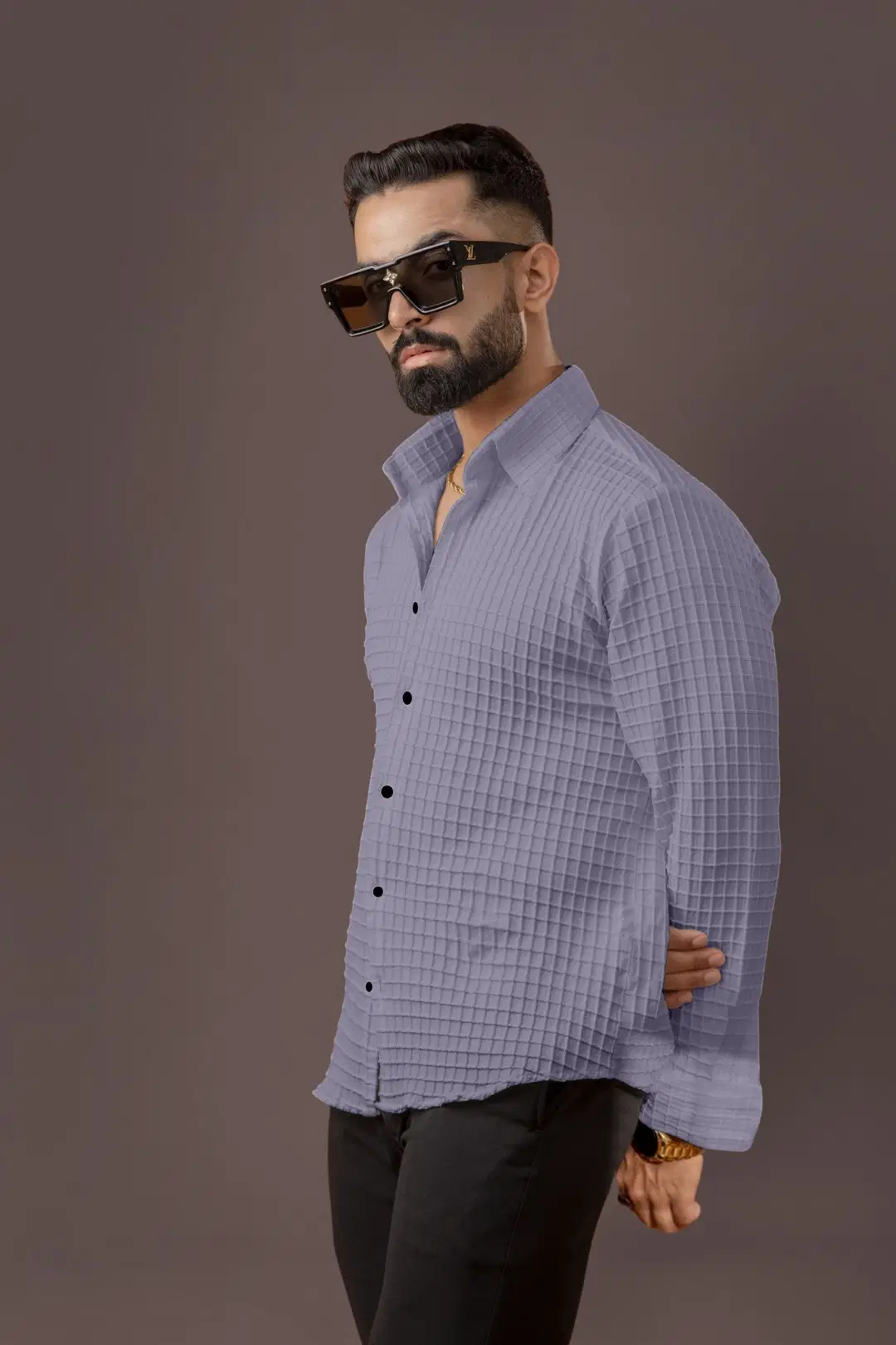 Poly Cotton Regular Fit Checks Full Sleeves Men's Casual Shirt - Grey ( Pack of 1 ) - Image 3